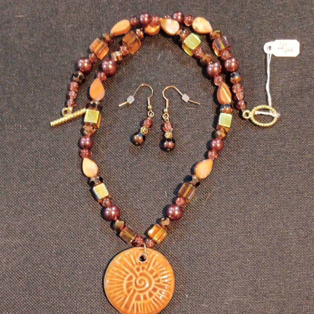 Handmade Brown Beaded Necklace and Earring Set